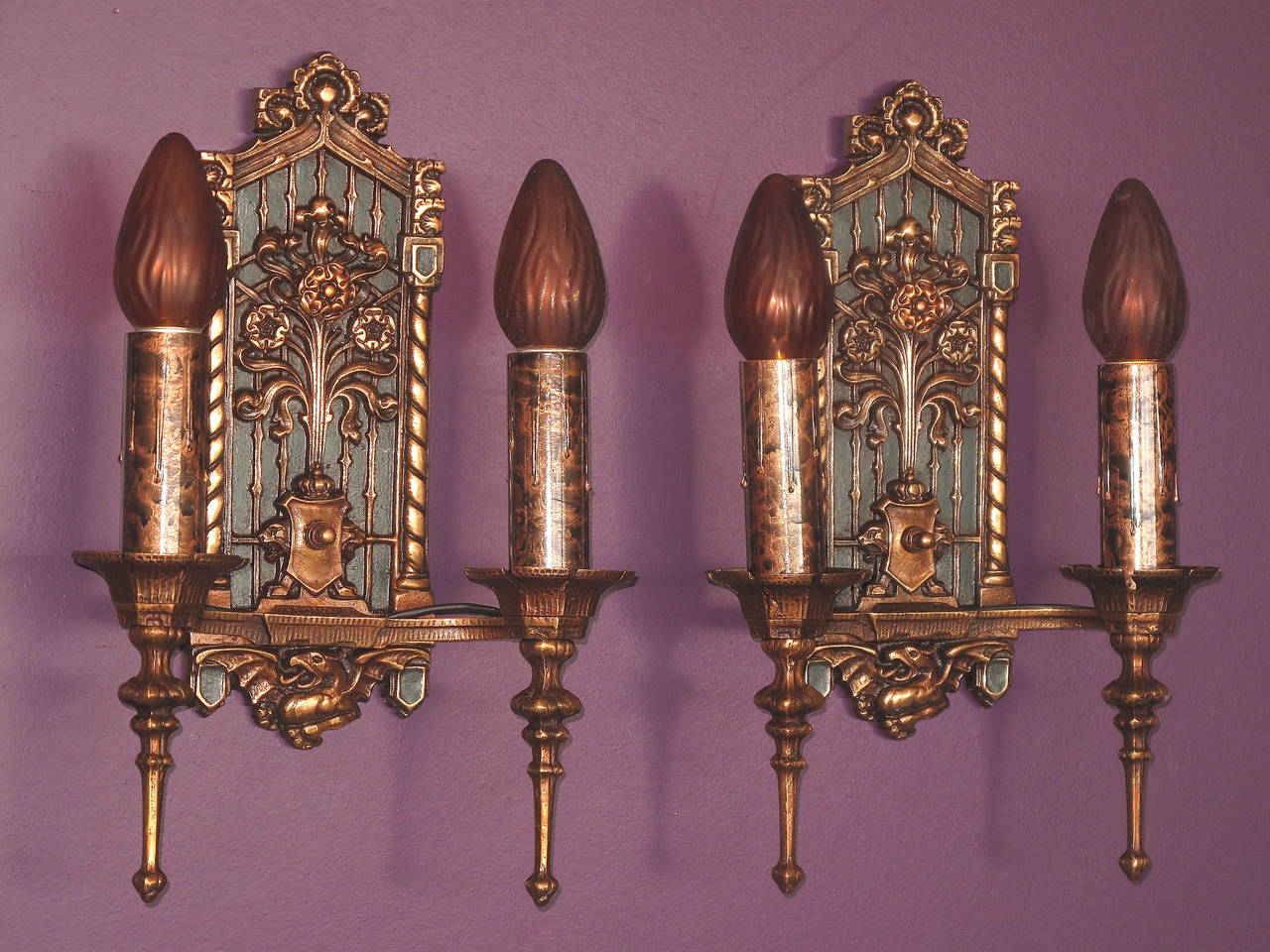 Bronze 1920s Tudor Gothic Wall Sconces
