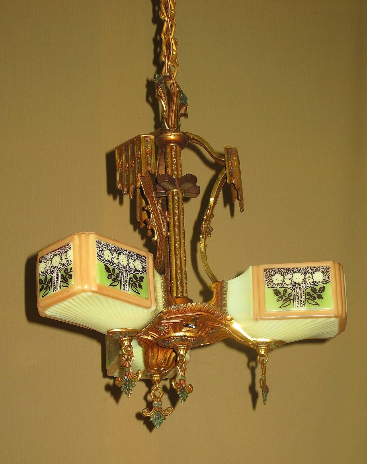 Art Deco Gill Three-Light Ceiling Fixture with Original Colors and Glass Shades, 1930