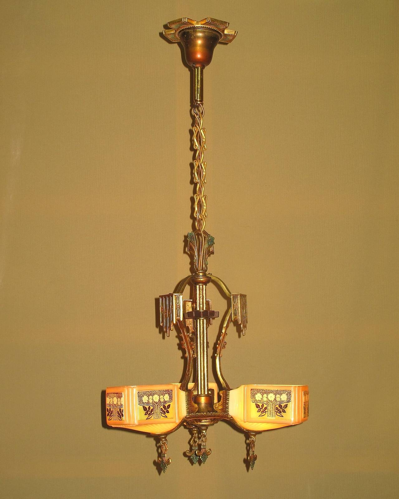 American Gill Three-Light Ceiling Fixture with Original Colors and Glass Shades, 1930