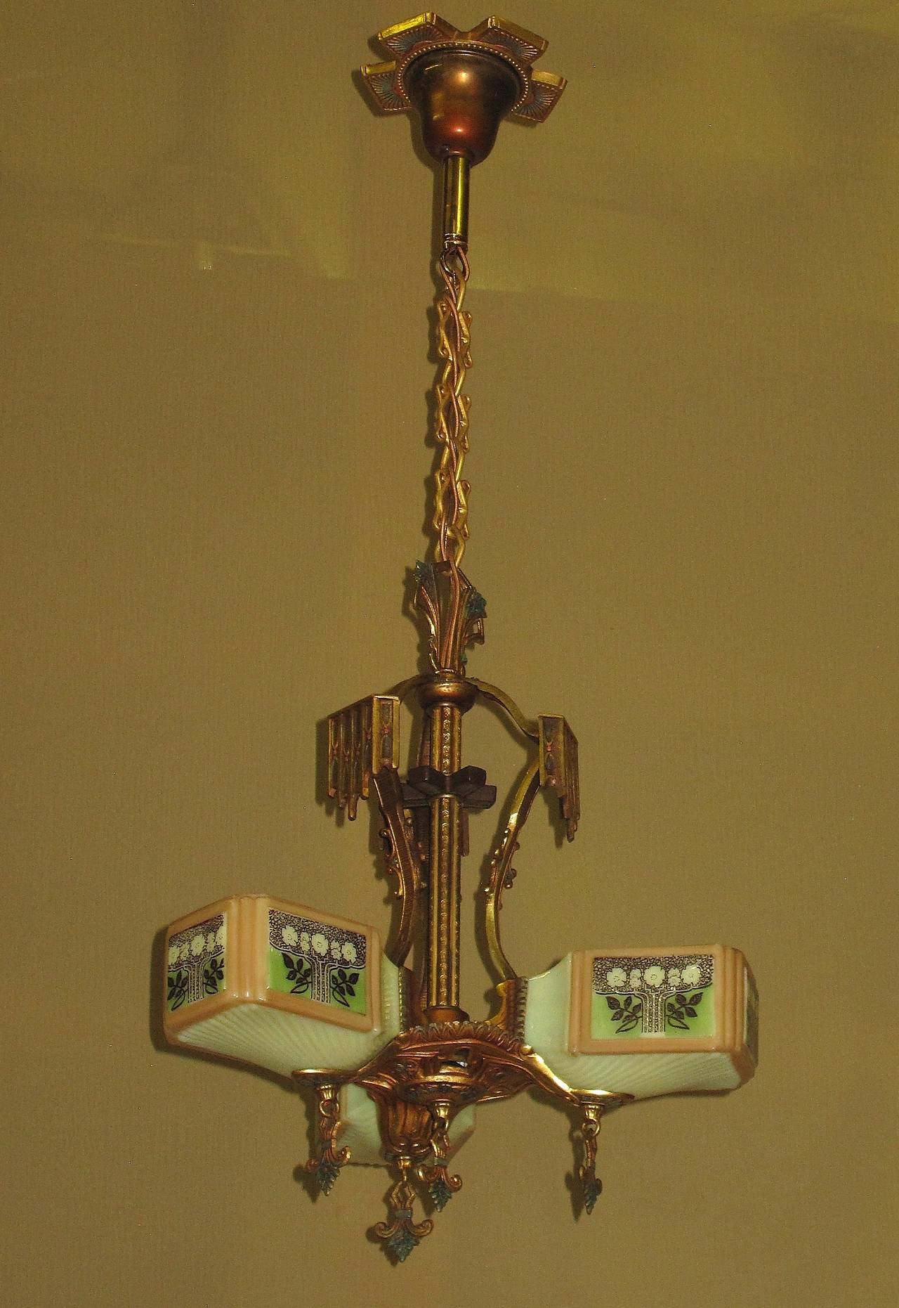 American Gill Three-Light Ceiling Fixture with Original Colors and Glass Shades, 1930