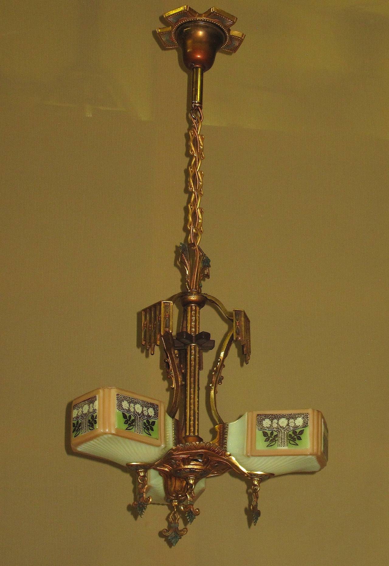 Cast Gill Three-Light Ceiling Fixture with Original Colors and Glass Shades, 1930