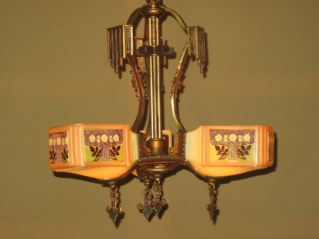 Gill Three-Light Ceiling Fixture with Original Colors and Glass Shades, 1930 In Good Condition In Prescott, AZ