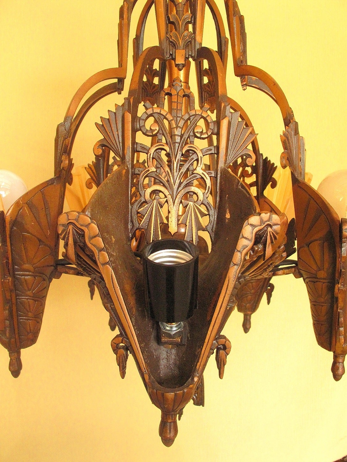 Vintage Five Shade Bronze Deco Ceiling Fixture with Brown Tip Shades