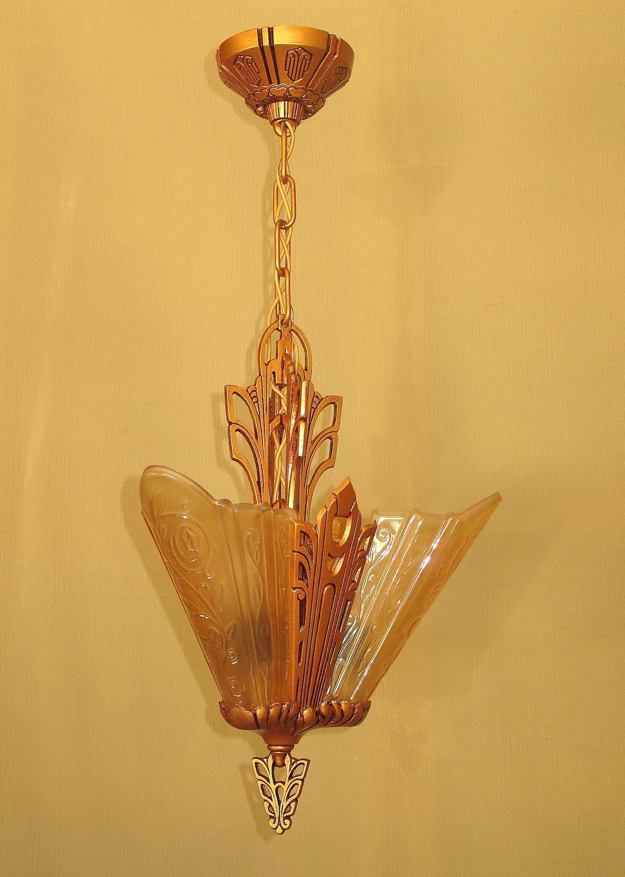 Painted Deco Vintage Ceiling Lights with 3 Amber Slip Shades For Sale