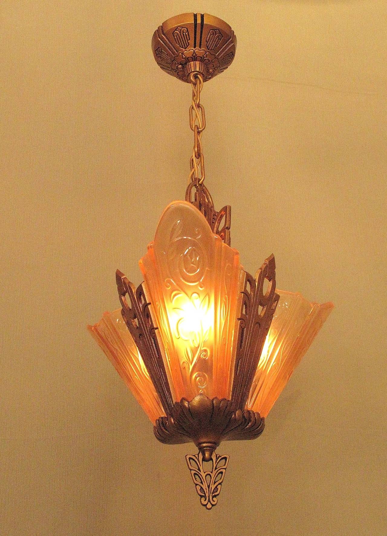 Art Deco Deco Vintage Ceiling Lights with 3 Amber Slip Shades For Sale