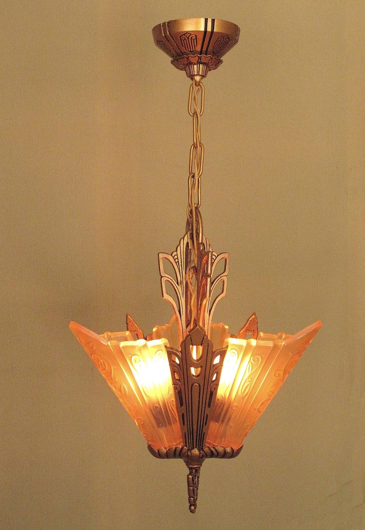 Deco Vintage Ceiling Lights with 3 Amber Slip Shades In Good Condition For Sale In Prescott, AZ