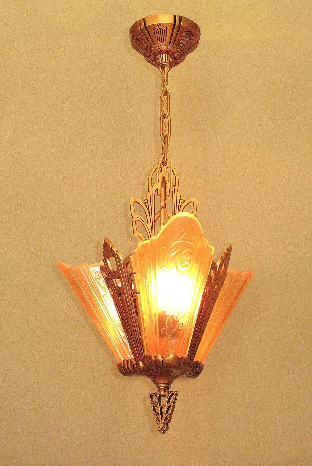American Deco Vintage Ceiling Lights with 3 Amber Slip Shades For Sale