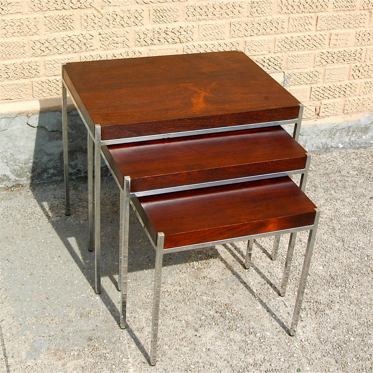 Veneer Rosewood and Chrome Nesting Tables