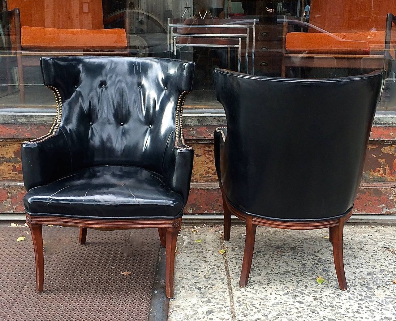 Chippendale Pair of Leather Wingback Chairs