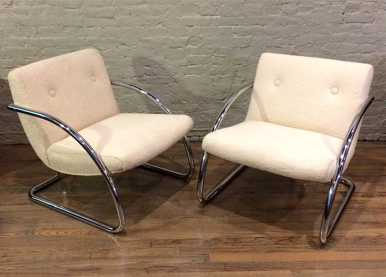 Mid-Century Modern Tubular Chrome Upholstered Lounge Chairs