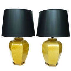 Pair of Yellow Crackle-Glaze Ceramic Lamps 