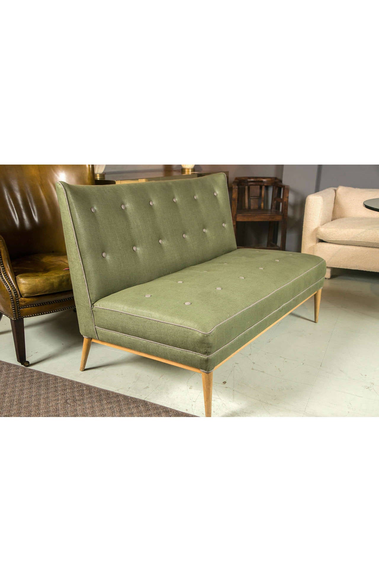Paul McCobb Green Linen Settee In Good Condition In New York, NY