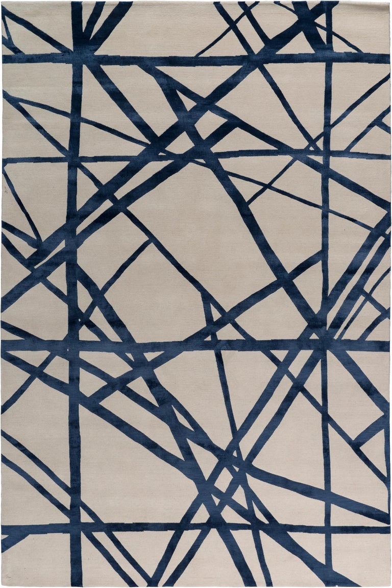 For Sale: Blue (Indigo) Channels Rug in Hand Knotted Wool and Silk by Kelly Wearstler
