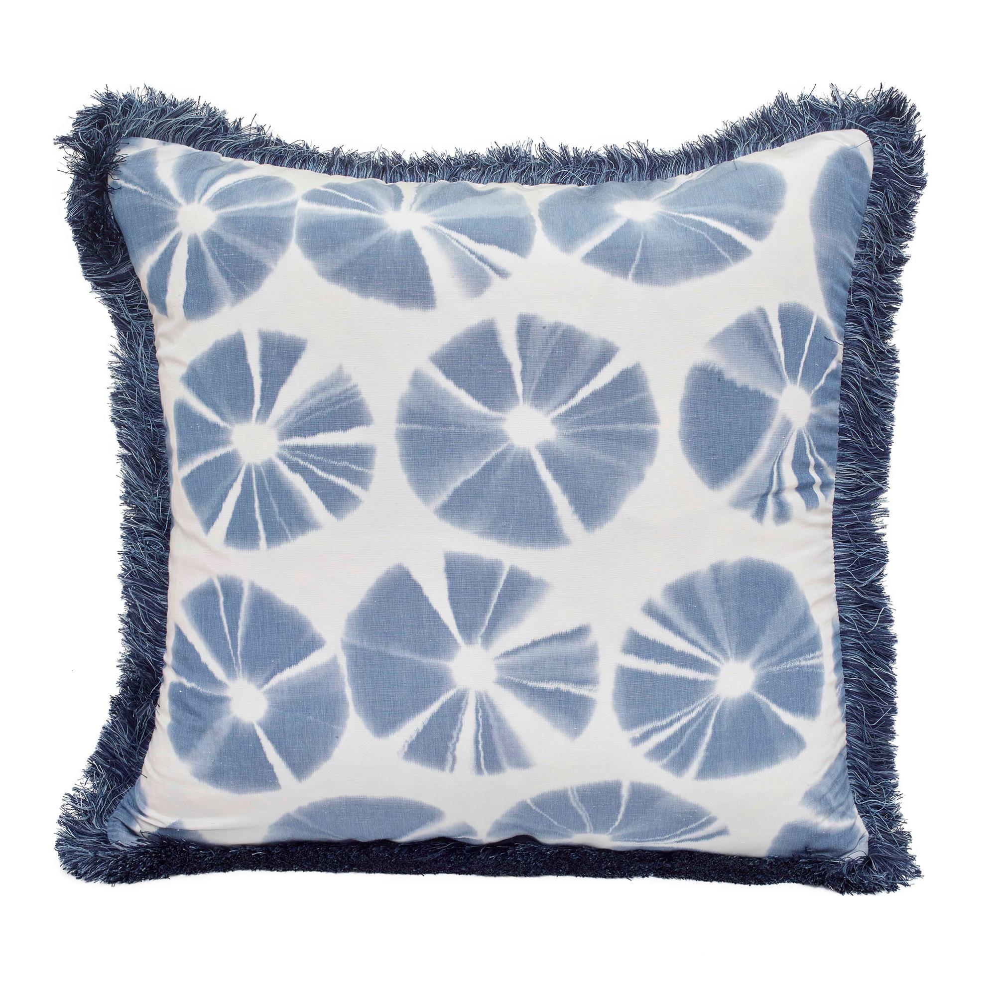Blue (QR-21003.INDIGO.0) Echino Accent Pillow with Circular Tie-Dye Motif & Fringe Detal by CuratedKravet