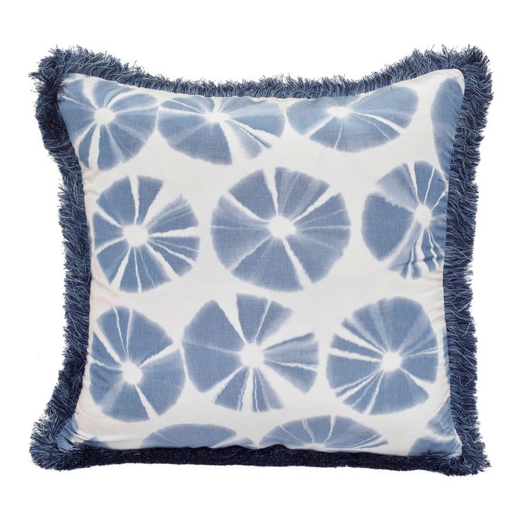 For Sale: Blue (QR-21003.INDIGO.0) Echino Accent Pillow with Circular Tie-Dye Motif & Fringe Detal by CuratedKravet