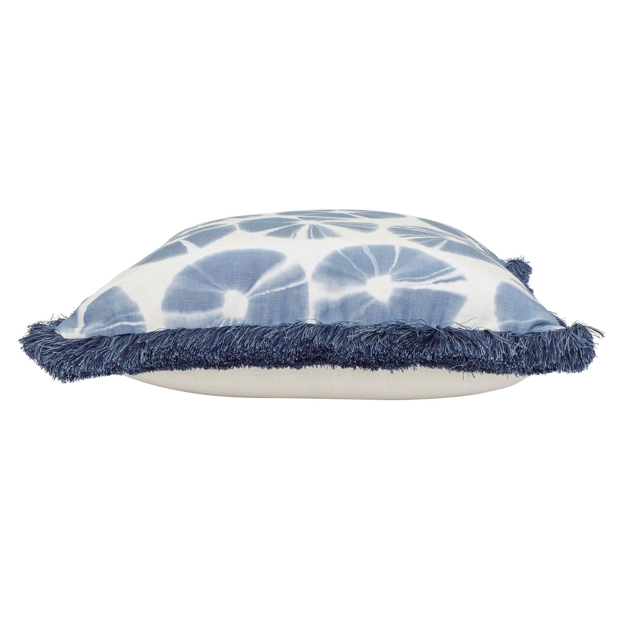 Blue (QR-21003.INDIGO.0) Echino Accent Pillow with Circular Tie-Dye Motif & Fringe Detal by CuratedKravet 2