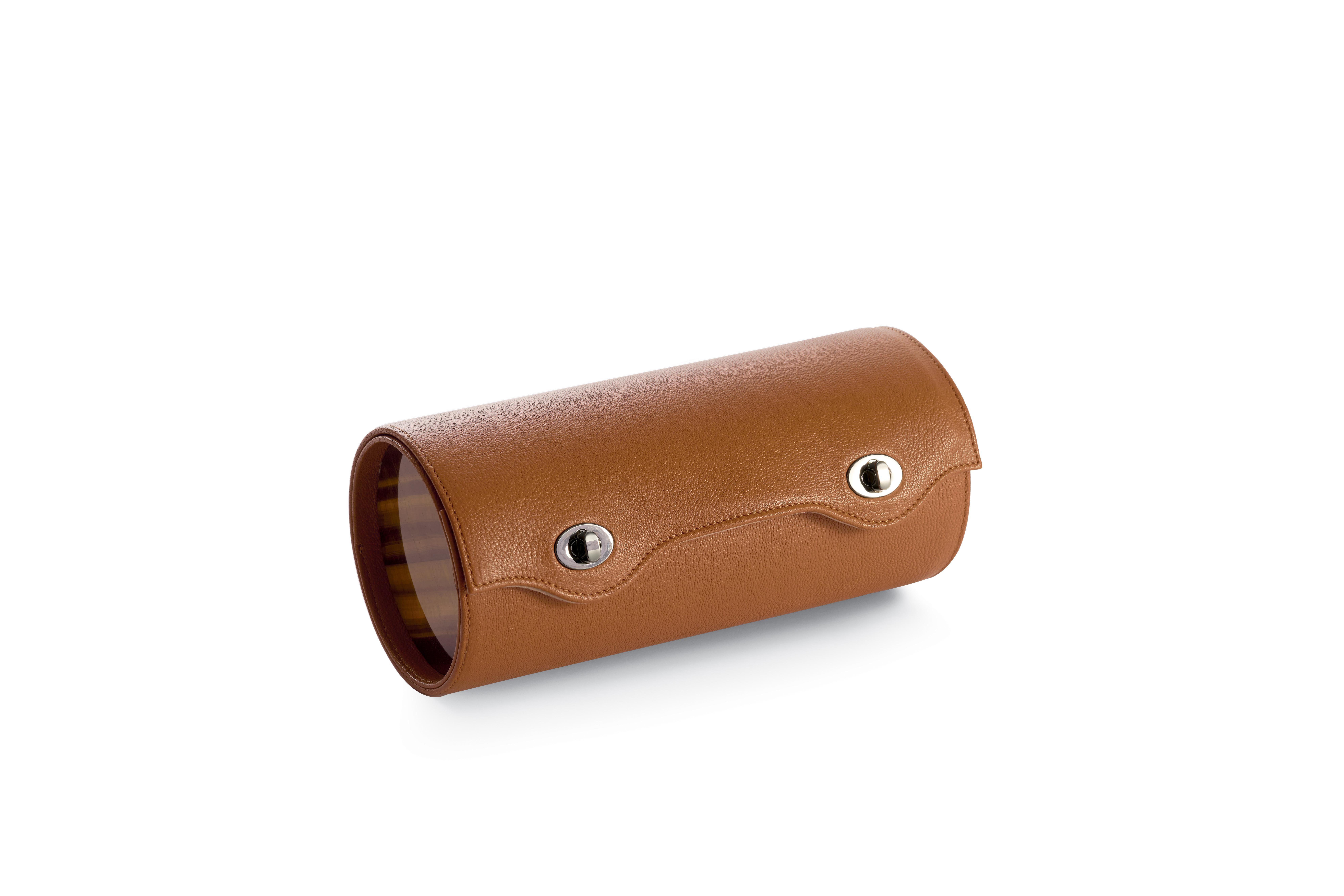 For Sale: Brown (Brown Leather and Matte Elm) Agresti Rollo Tube Travel Case for 5 Watches
