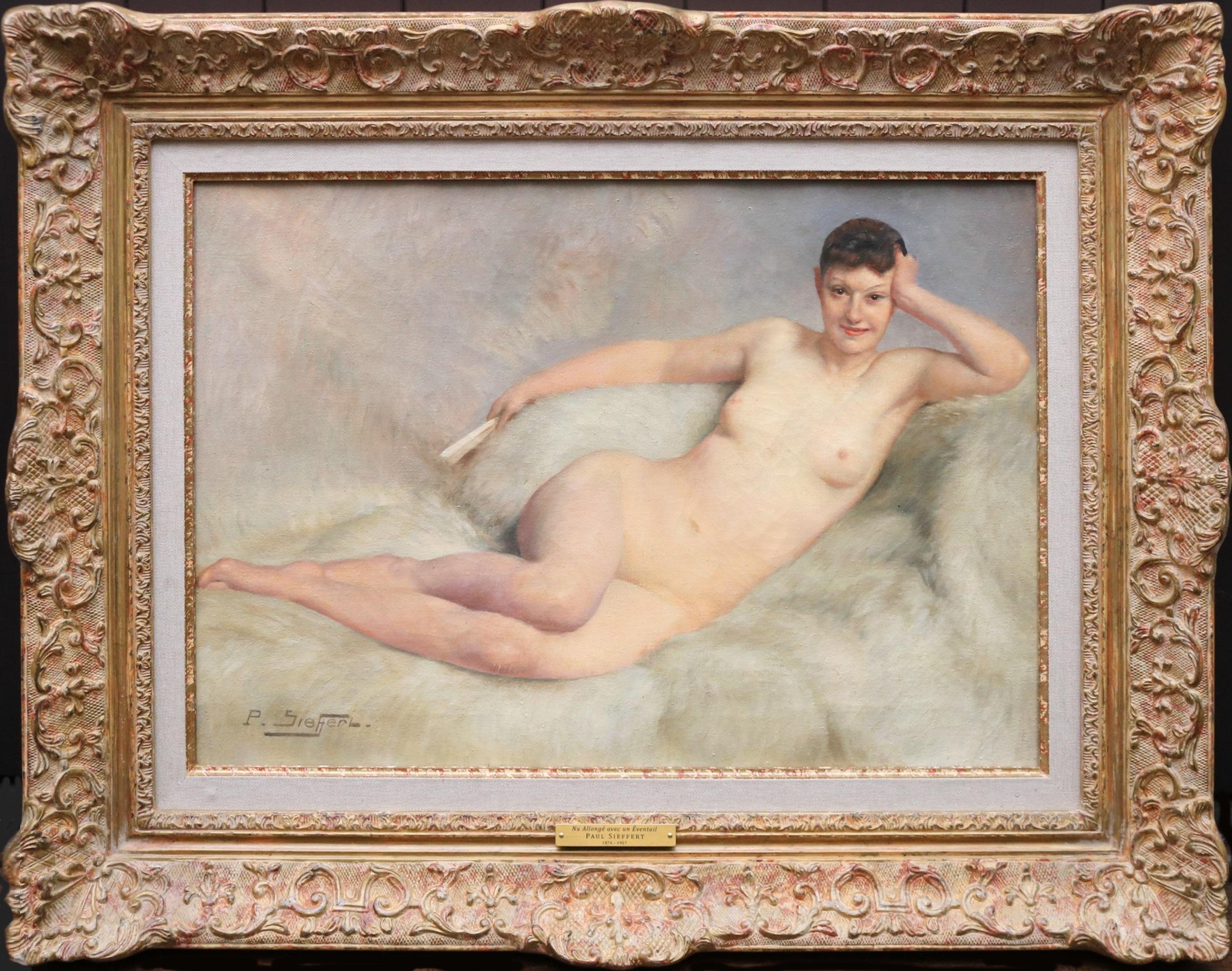 Paul Sieffert Figurative Painting - Nu Allongé avec un Éventail - French Fin de Siècle Nude Oil Painting Paris Salon