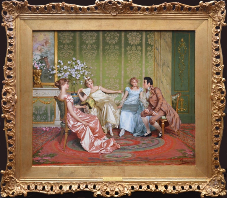 Vittorio Reggianini Figurative Painting - Casanova - 19th Century Oil Painting of Three Young Parisian Beauties & Lothario