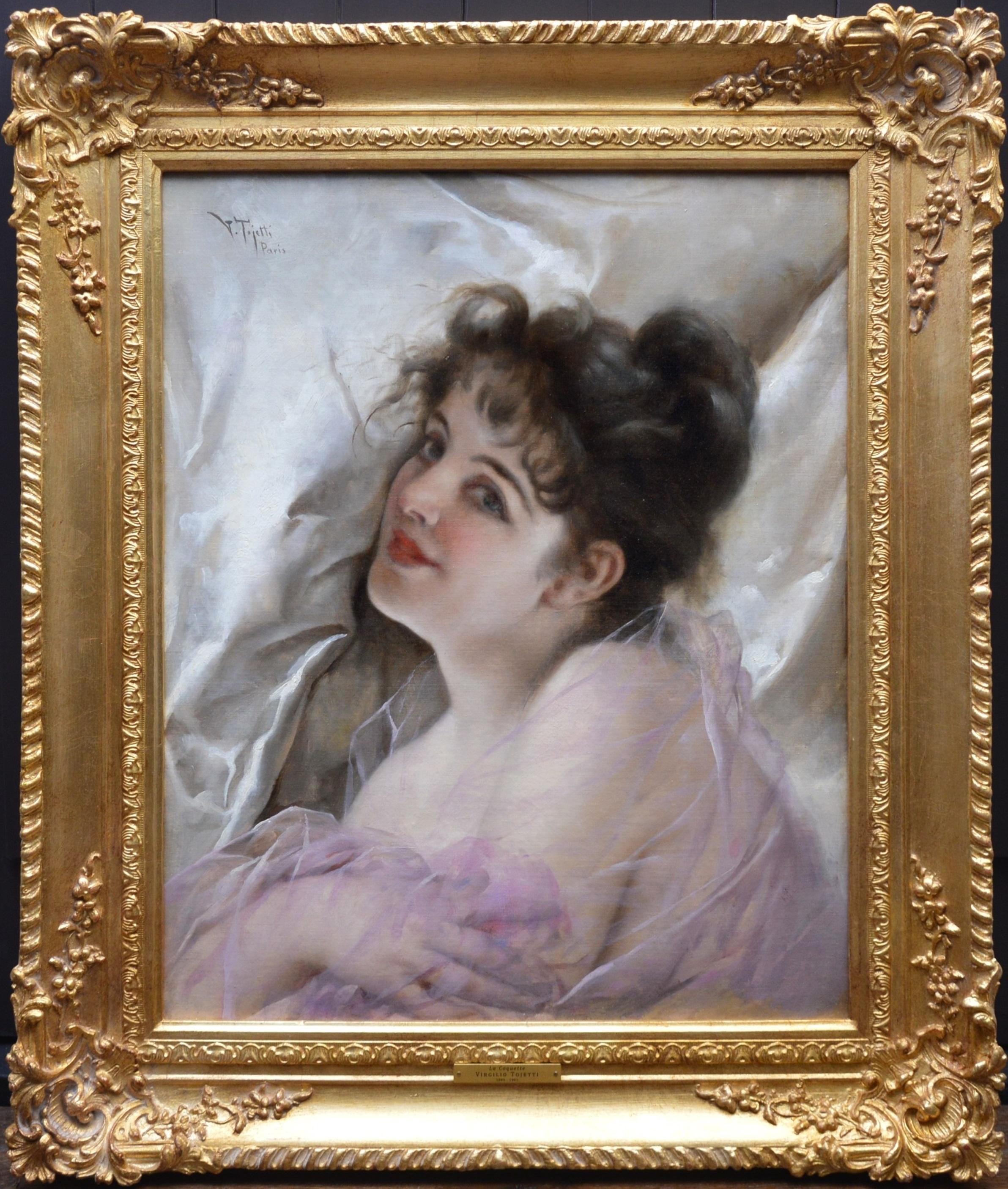 La Coquette - 19h Century French Belle Epoque Portrait of Beautiful Parisienne   - Painting by Virgilio Tojetti