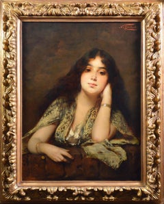 A Montenegrin Girl - Large 19th Century Orientalist Beauty Portrait Oil Painting