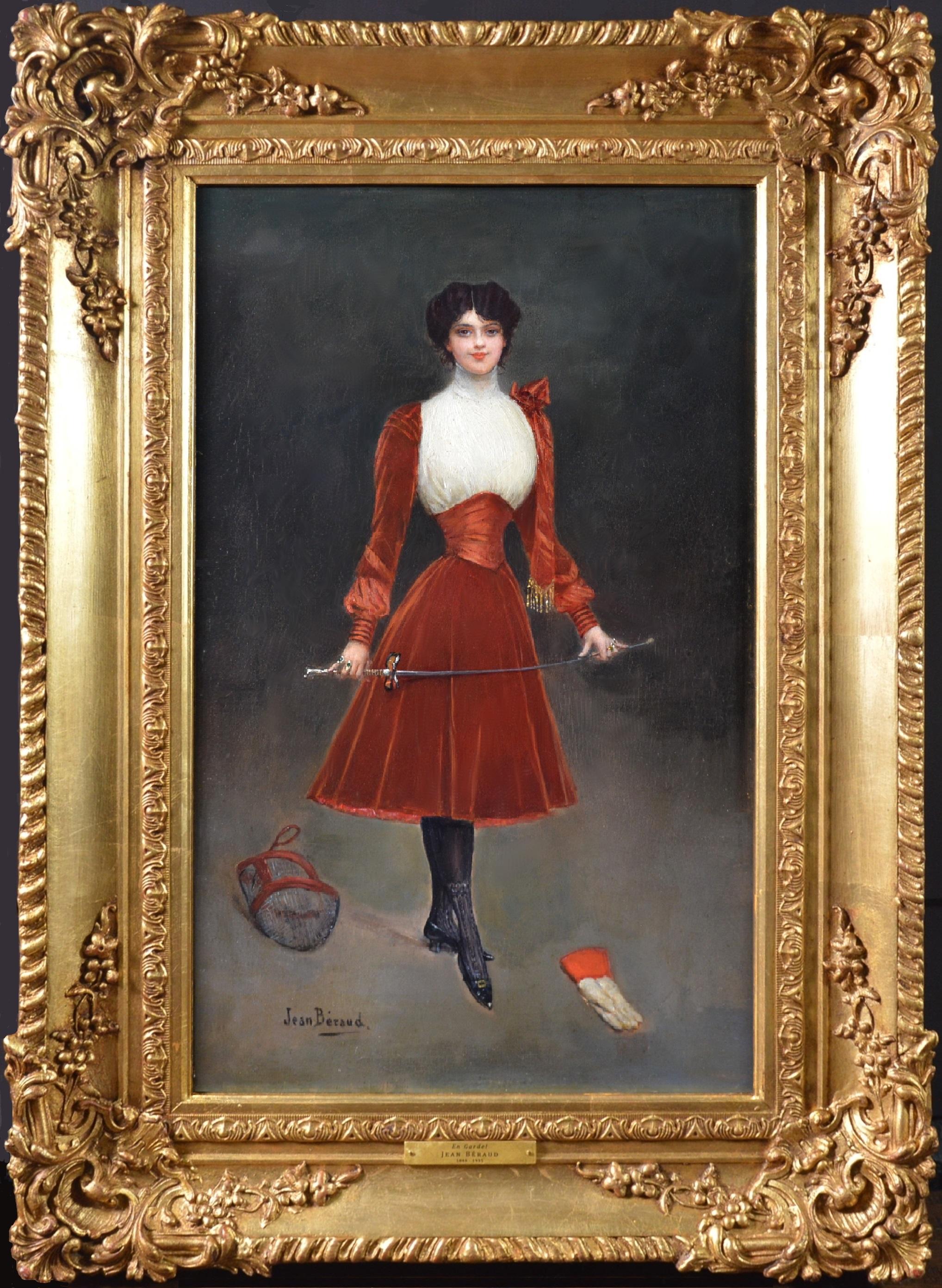 Jean Béraud Figurative Painting - En Garde - 19th Century French Belle Epoque Oil Painting Portrait Fencing Girl 