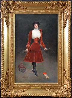 En Garde - Peinture à l'huile du 19ème siècle French Belle Epoque Portrait Fencing Girl 