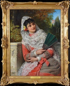 19th Century Oil Painting Portrait of Beautiful Spanish Girl in Summer Andalucia