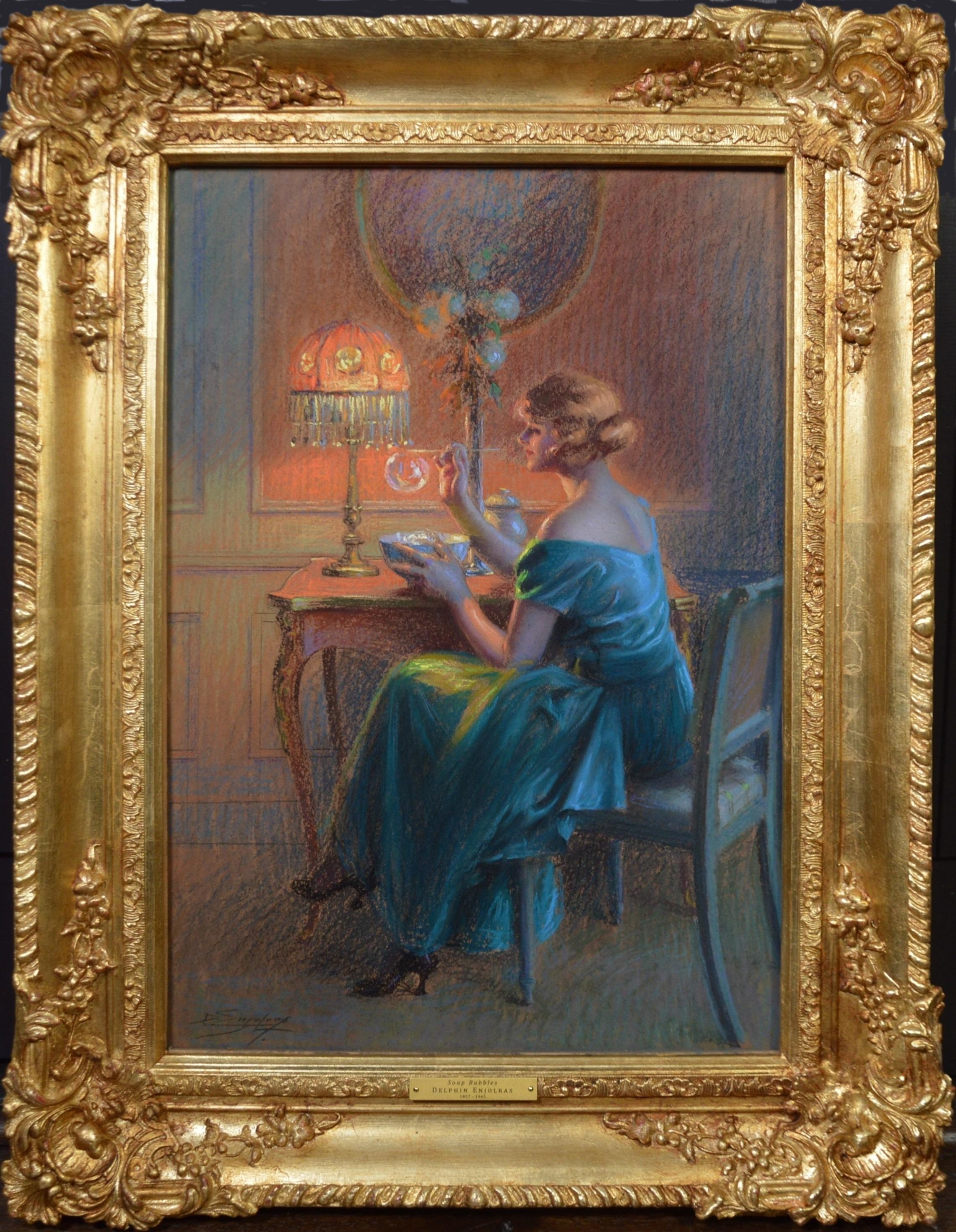 Delphin Enjolras Figurative Painting - Soap Bubbles - Antique Painting of Belle Epoque Beauty by Tiffany Lamplight