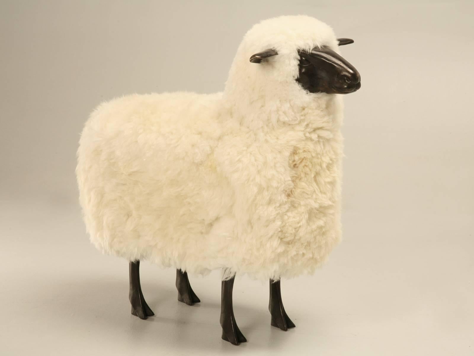 Contemporary Old Plank Sheep in Solid Bronze with Real Sheep Fur and a Dark Patina