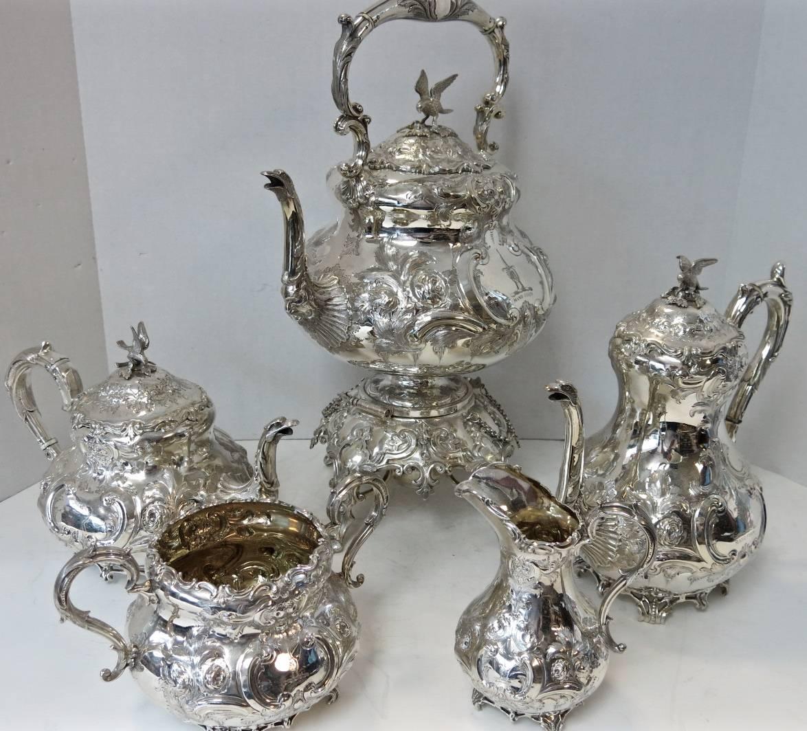 Victorian Antique English Sterling Silver Hand Chased Tea Service In Excellent Condition In New York, NY
