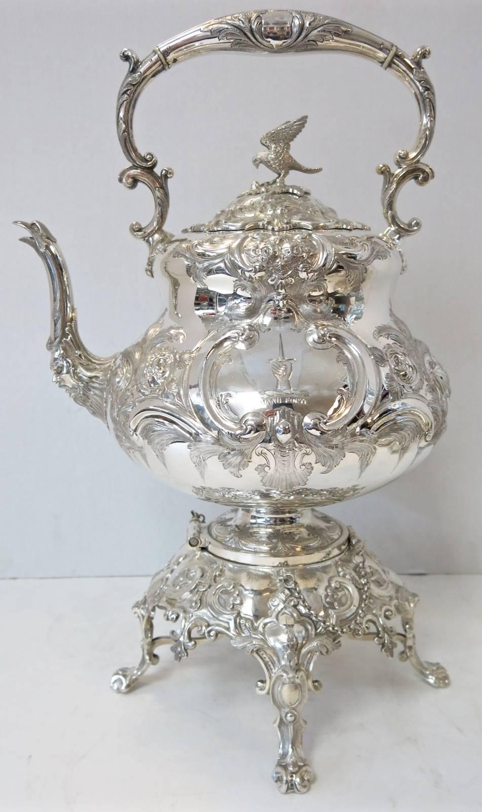 Antique Victorian, sterling silver tea and coffee set, in the desirable 'Louis Pattern', made by Martin & Hall, circa 1856. Beautiful hand chased decoration, with the cast Louis mask spout and eagle’s beak, and cast eagle finial on covers. Large