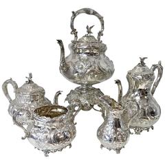 Victorian Antique English Sterling Silver Hand Chased Tea Service