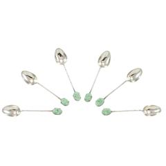 Six Chinese Export Silver Tea Spoons with Jadeite Handles