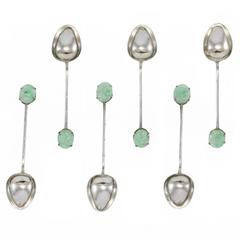 Six Chinese Export Silver Tea Spoons with Jadeite Handles