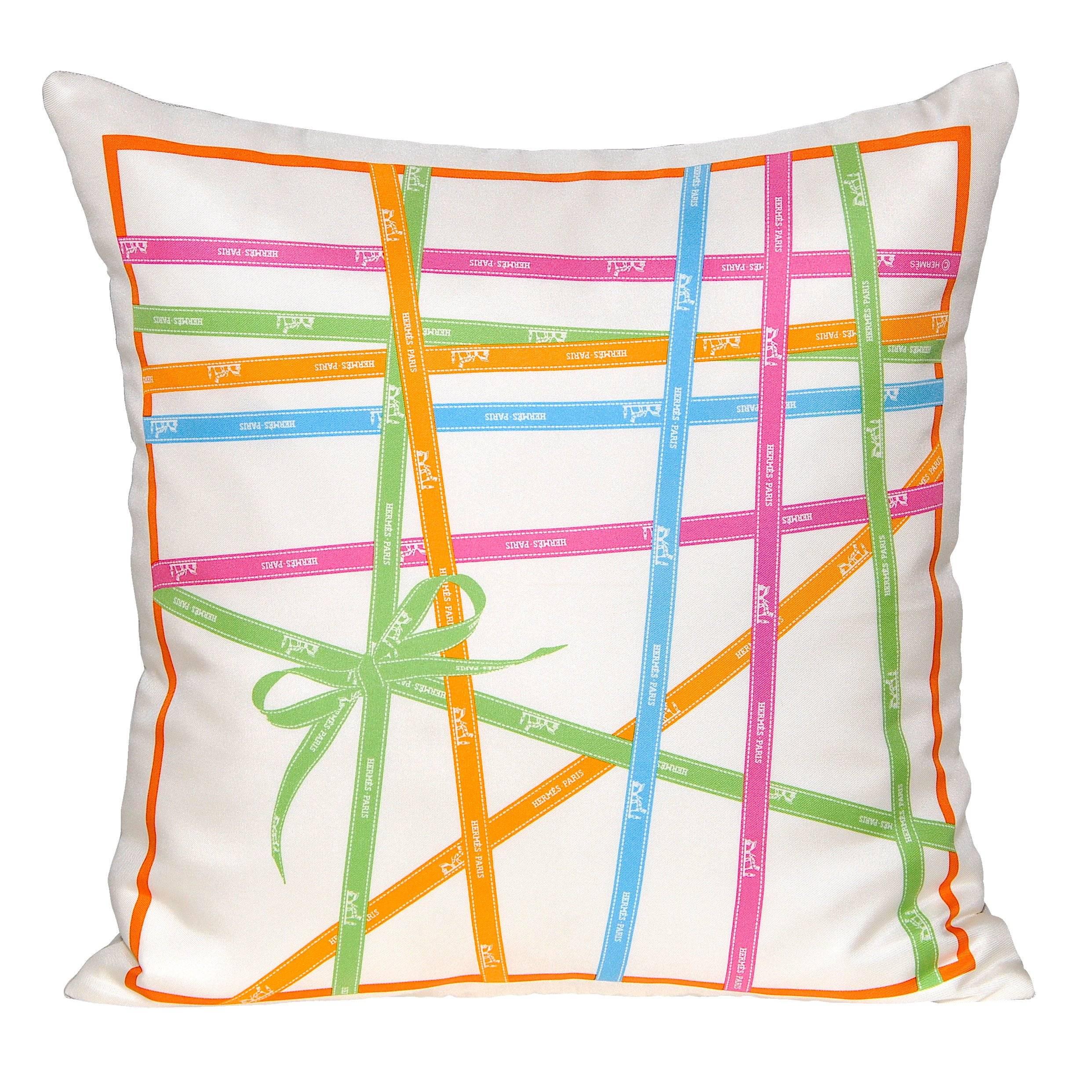 Vintage Hermes Ribbons ‘Bolduc’ Silk Scarf and Irish Linen Cushion Pillow