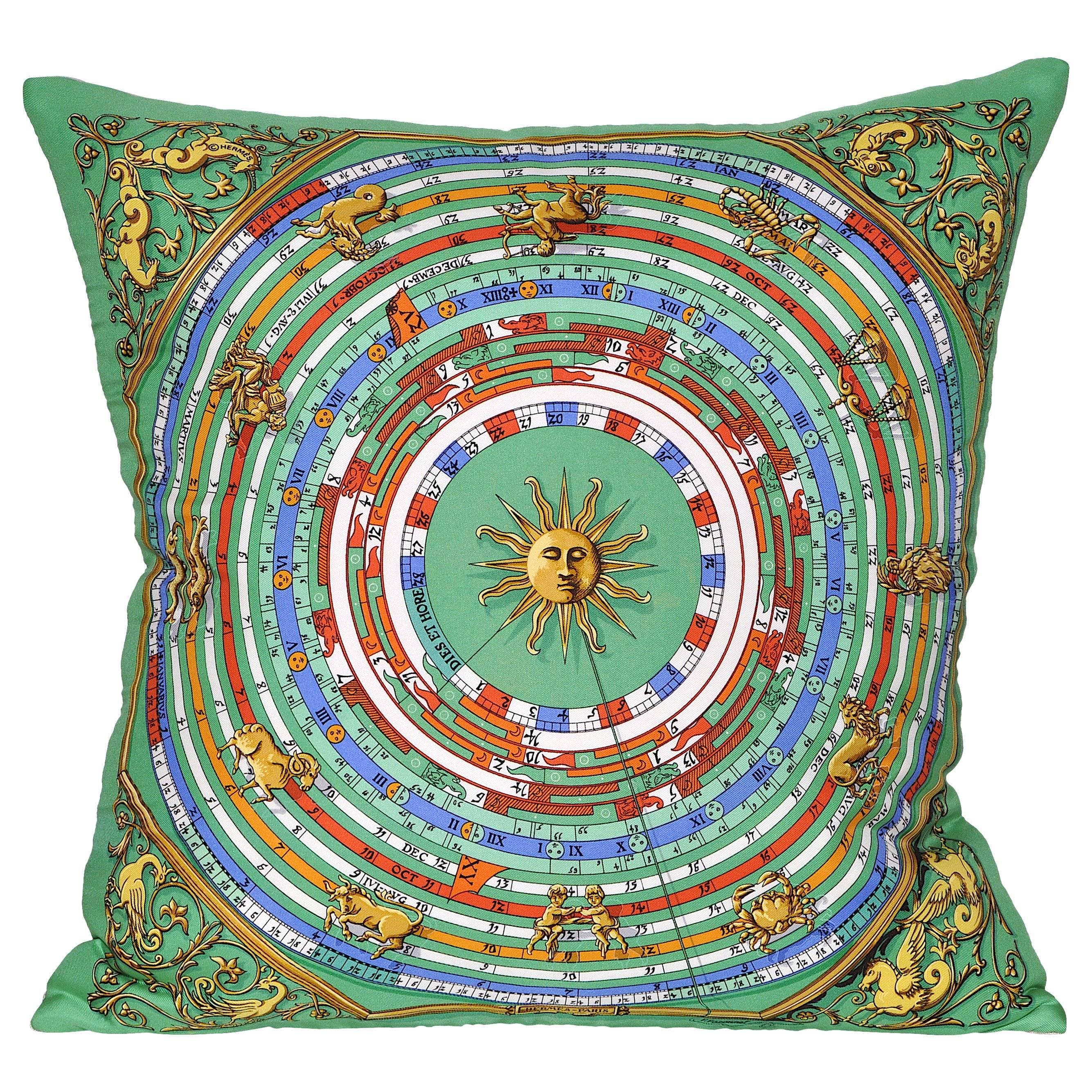 Vintage Hermes Green Astrology Silk Scarf and Irish Linen Cushion Pillow
