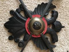 Vintage Spanish Sword Stand Carved Wood Coat of Arms Plaque, circa 1940s