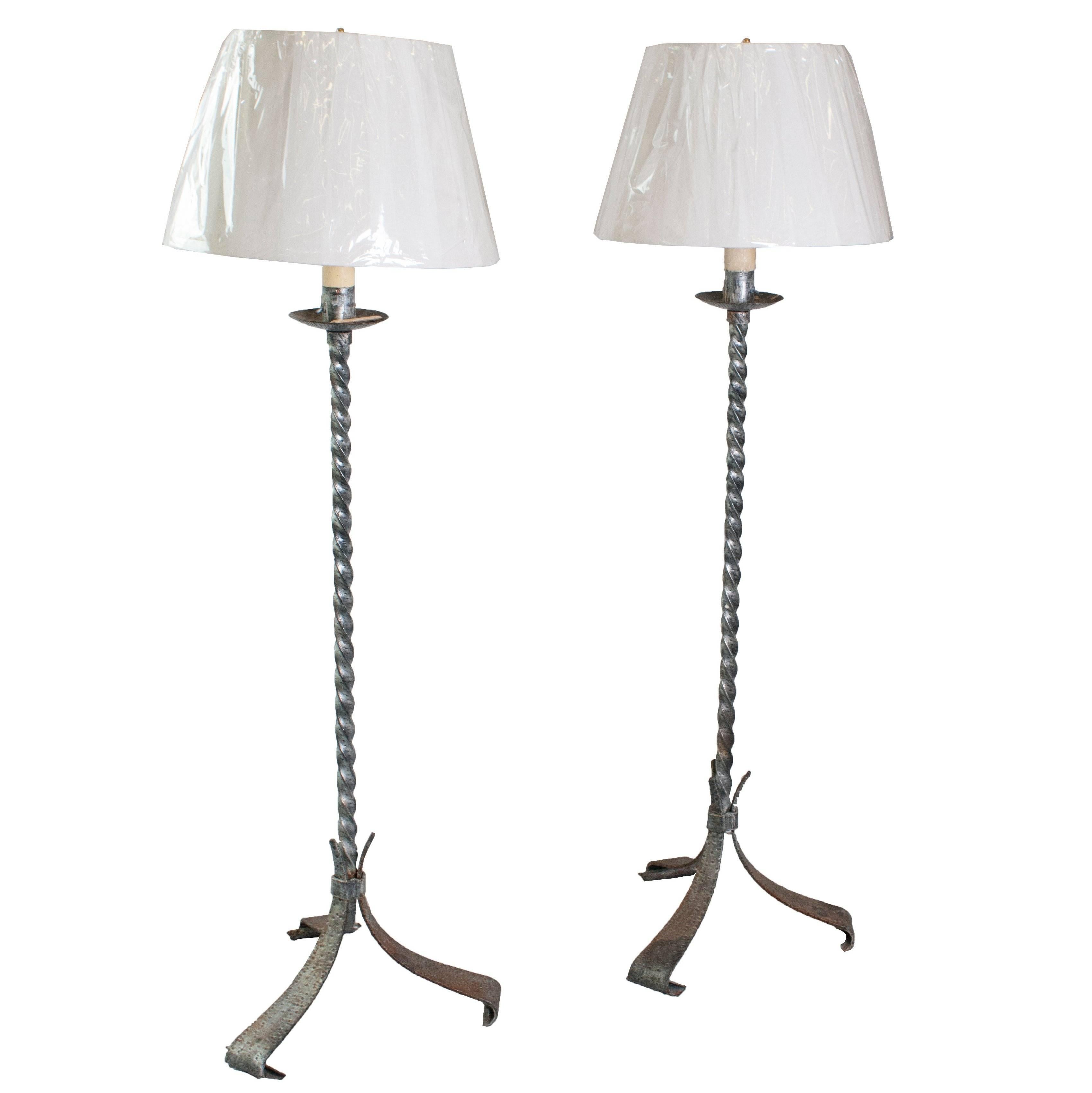 Pair of Forged Iron Twisted Column Floor Lamps