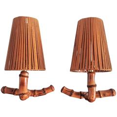 Elegant Pair of Rattan and Bamboo Sconces Attributed to Adnet, France, 1950s