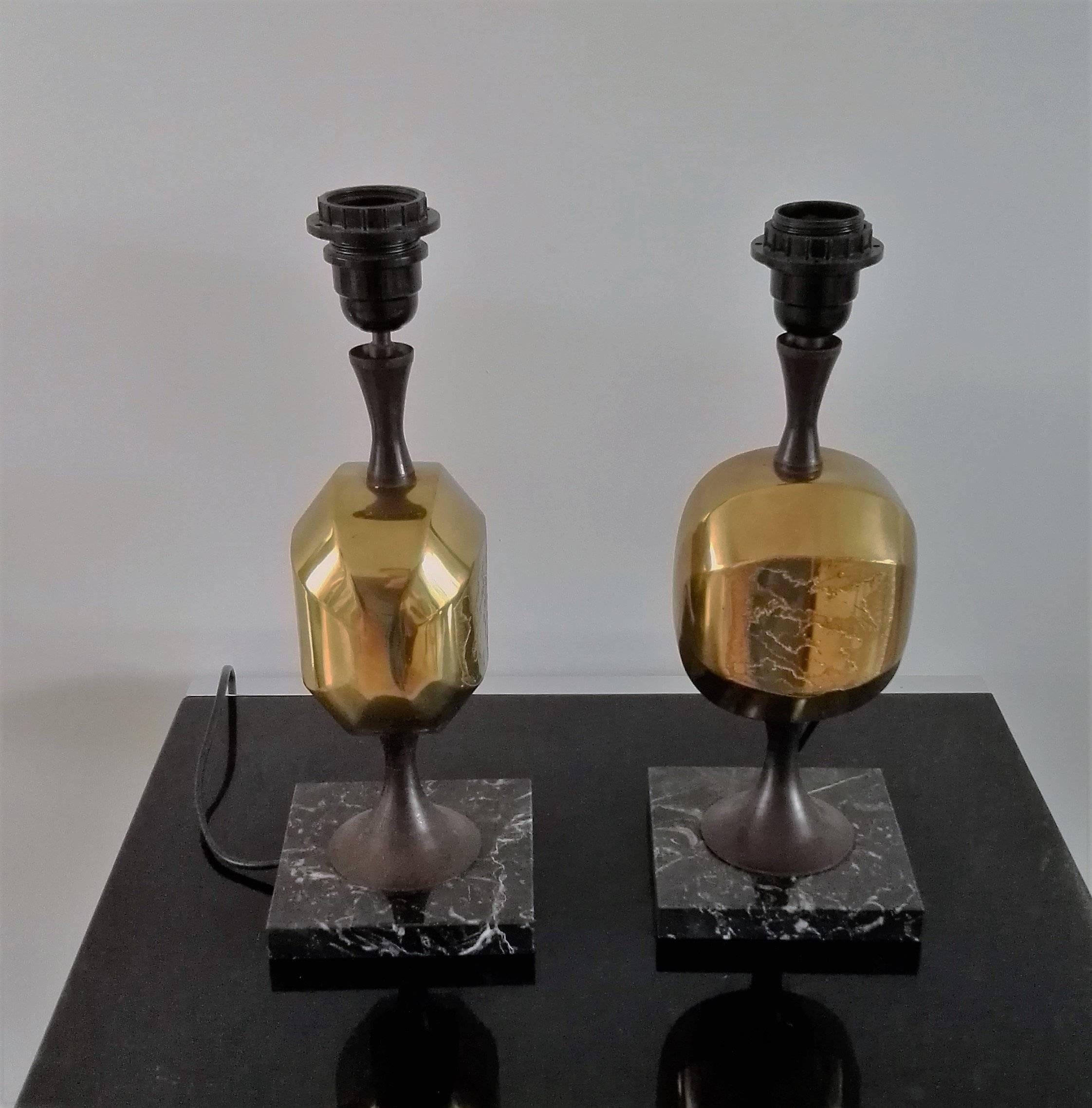 Late 20th Century Pair of Etched Brass and Marble Table Lamps by Barbier, France, 1970s