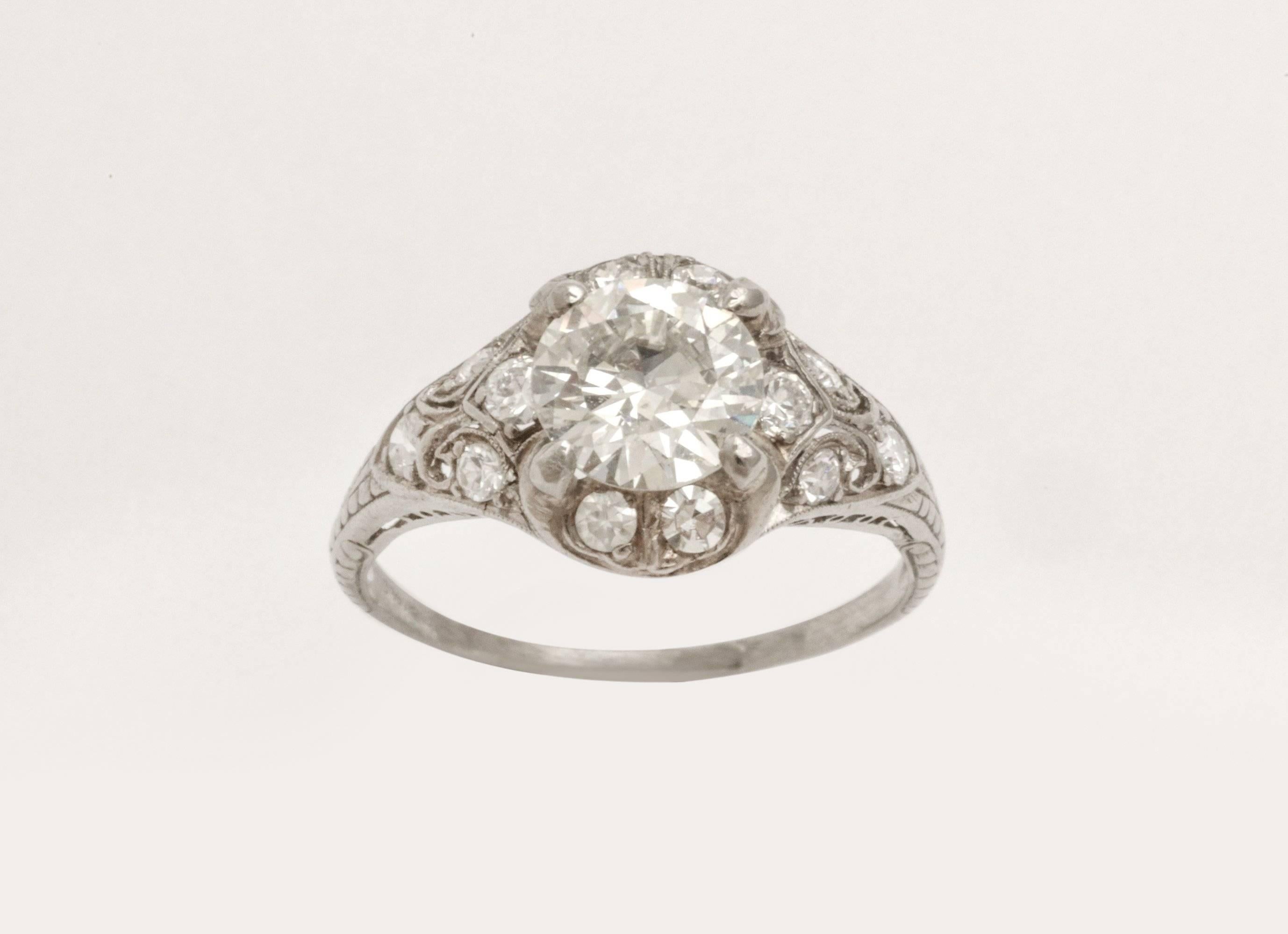 Antique Diamond Platinum Engagement Ring In Excellent Condition In New York, NY