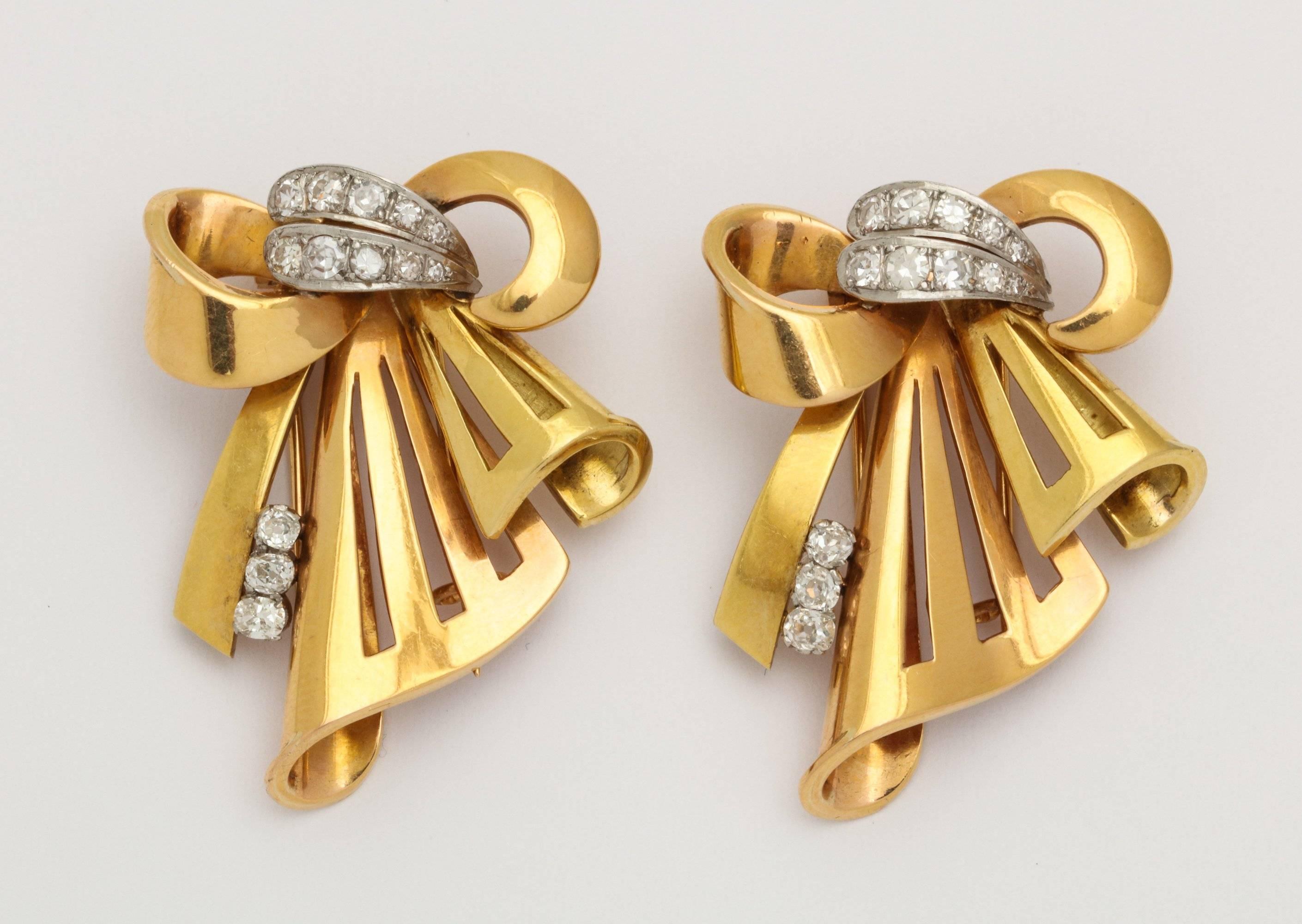 Women's Gold Bow Brooch Double Clip With Diamonds