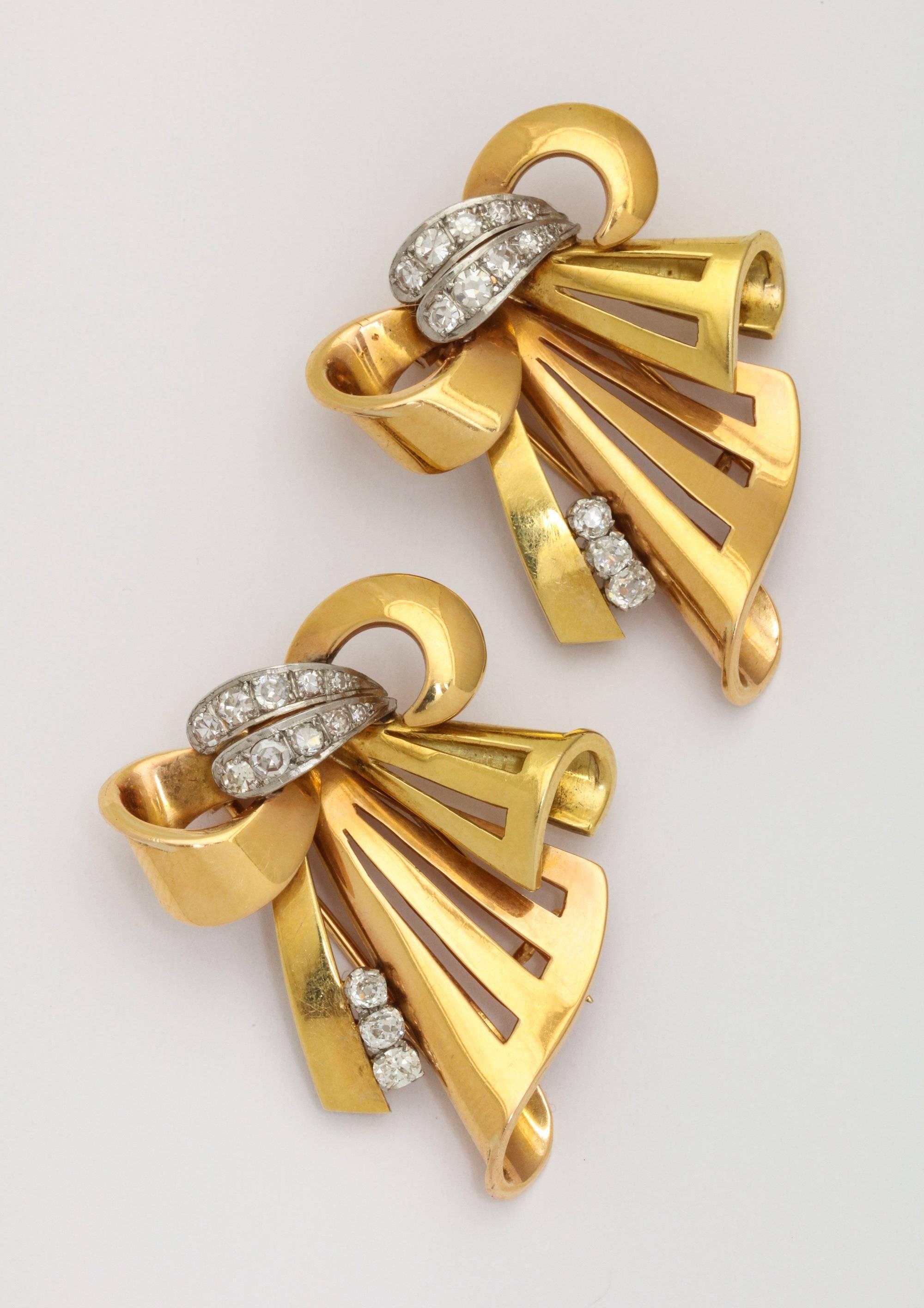 Retro Gold Bow Brooch Double Clip With Diamonds