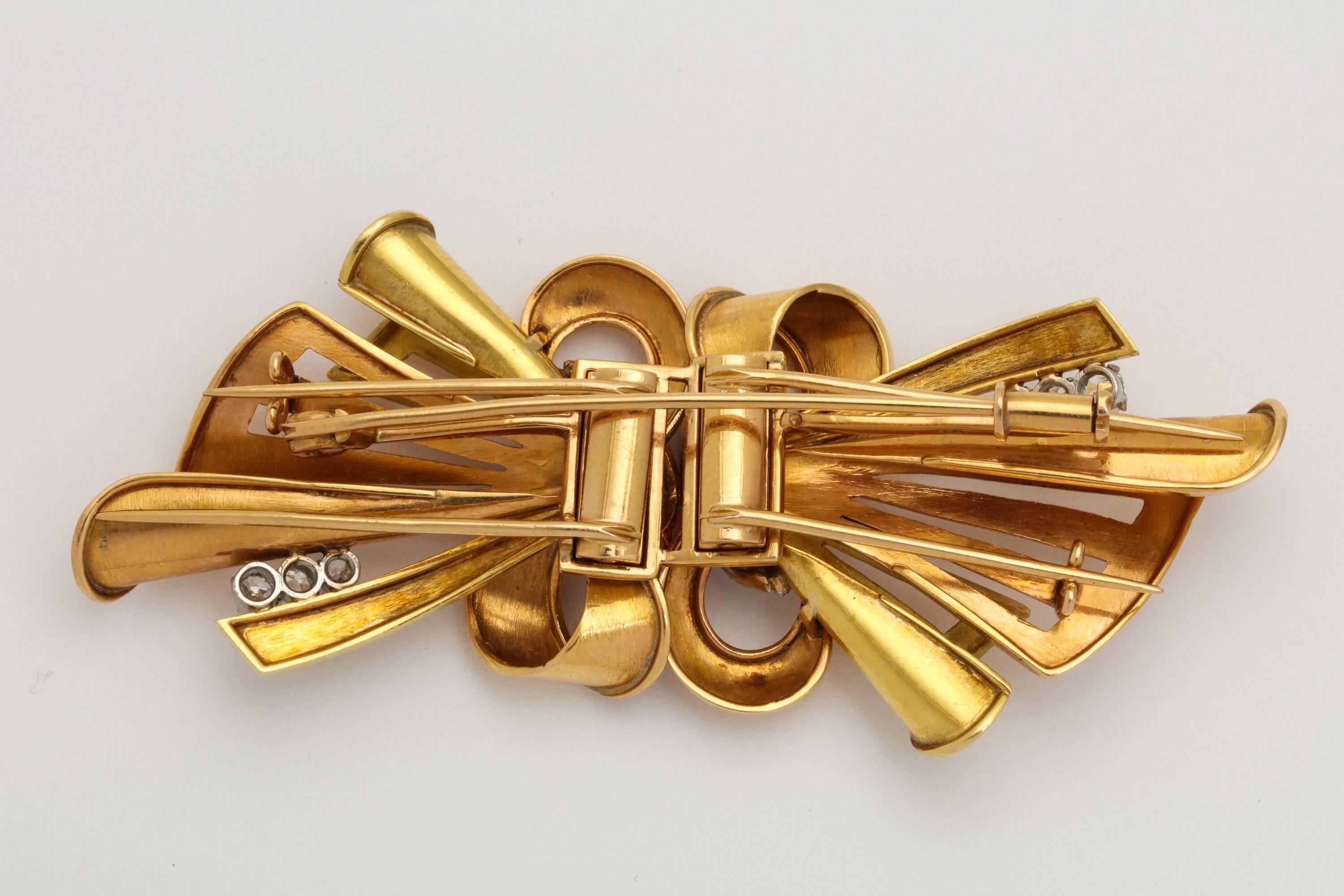 Gold Bow Brooch Double Clip With Diamonds 1