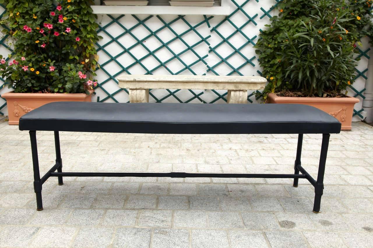 1950s Stitched Leather Bench by Jacques Adnet 1