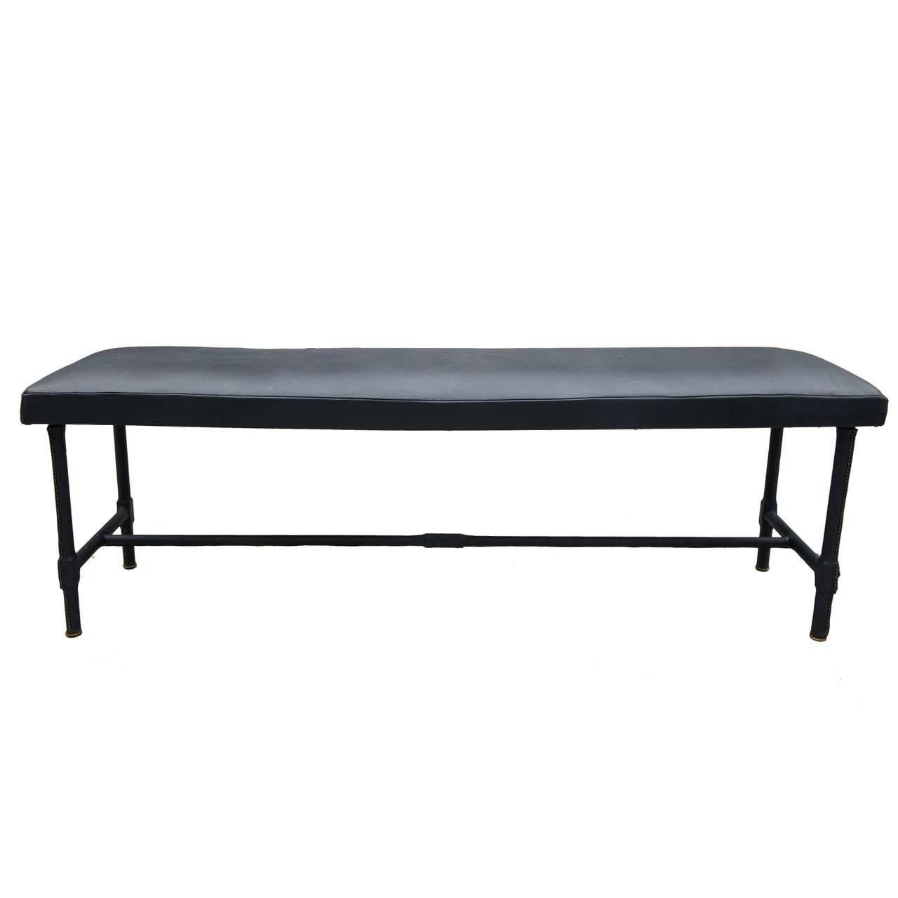 1950s Stitched Leather Bench by Jacques Adnet