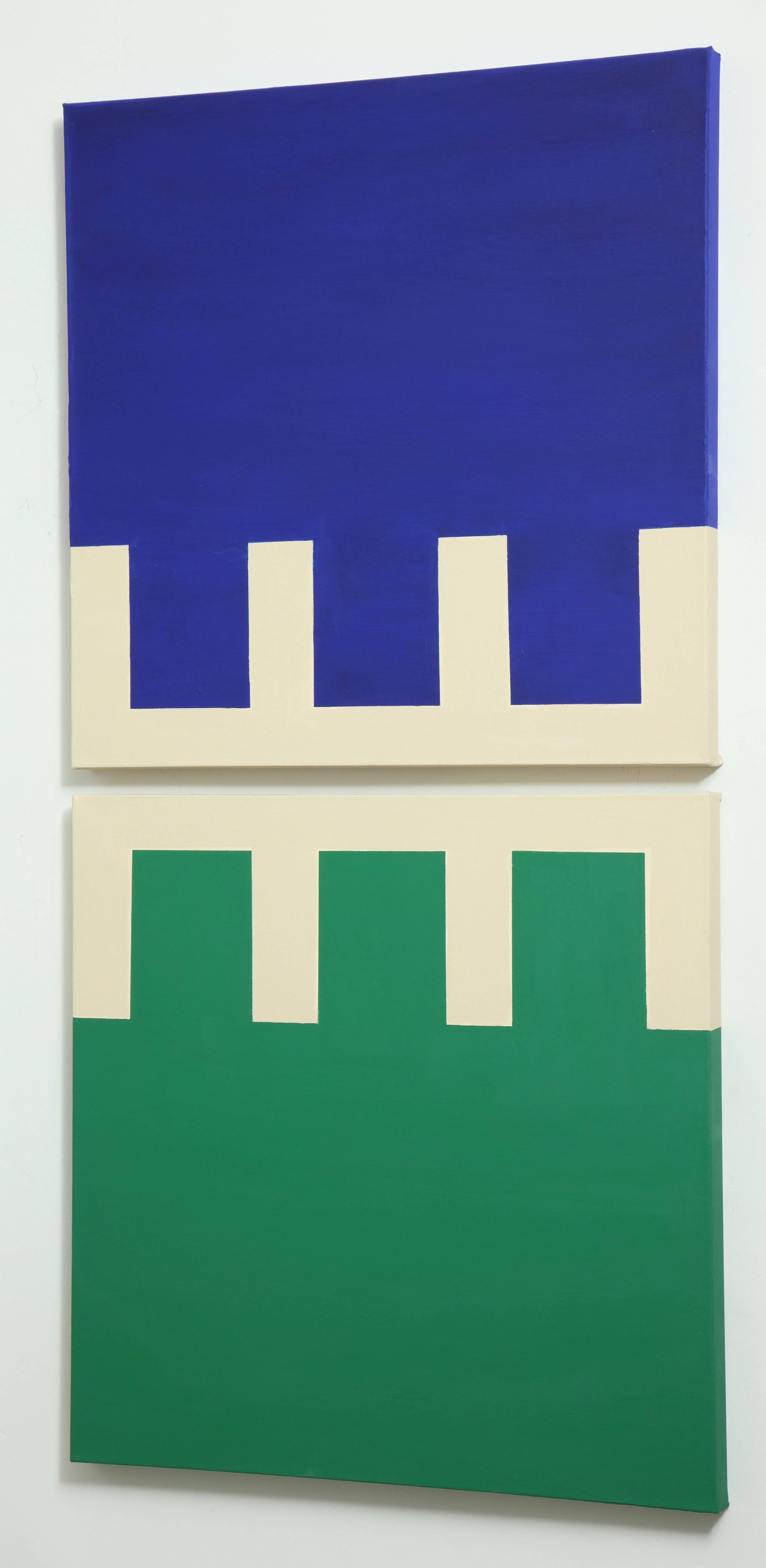 The rich &quot;Cobalt Blue, Green and Cream &quot; Diptych Painting  is a study in balance of color and form. Inspired by early European Urban Planning and the motion of orderly movement within a space.
The piece of art is signed by the artist by