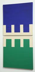 Diptych Abstract Geometric Painting  Blue, Green and Cream" by Peter Valcarcel