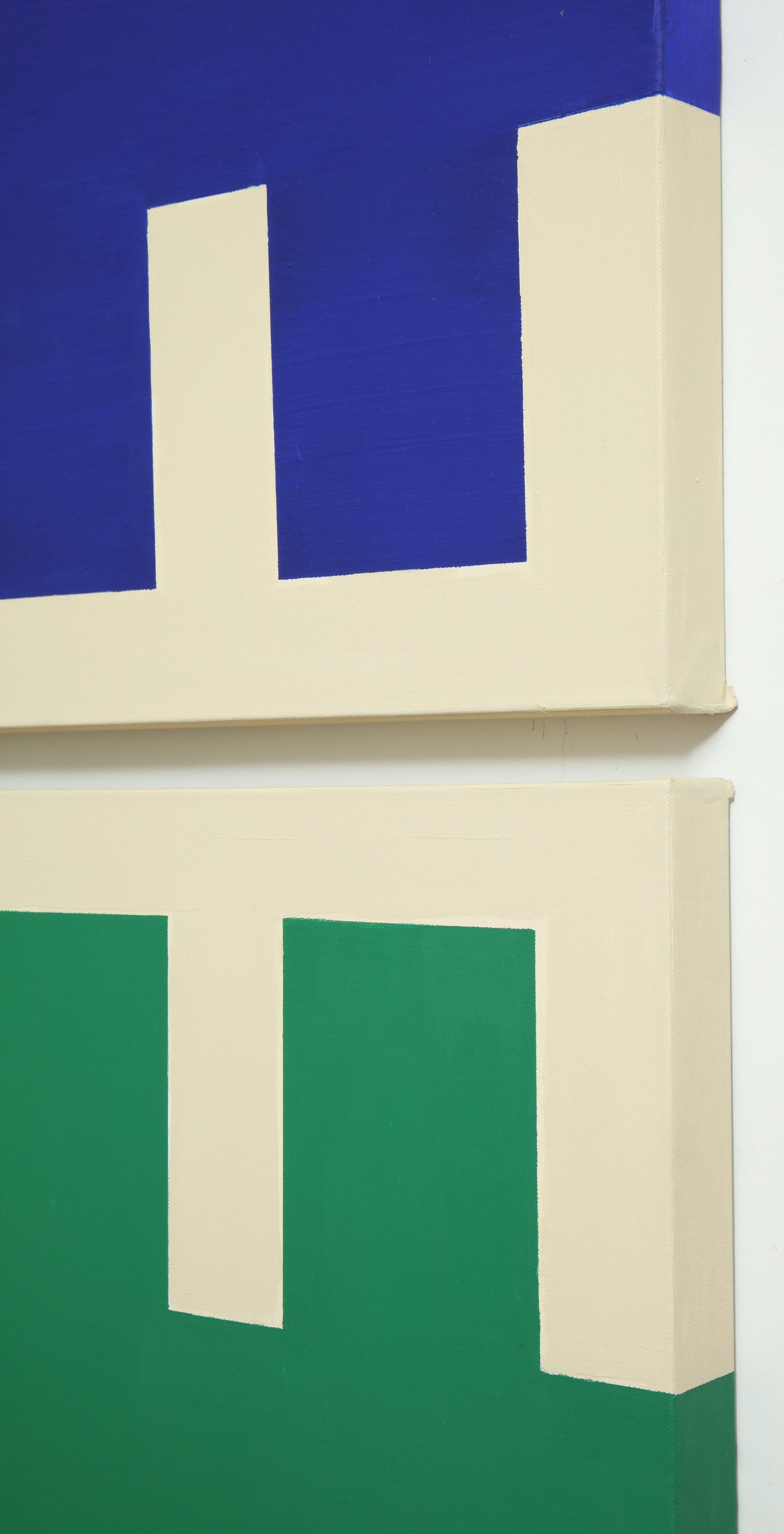 Diptych Abstract Geometric Painting  Blue, Green and Cream